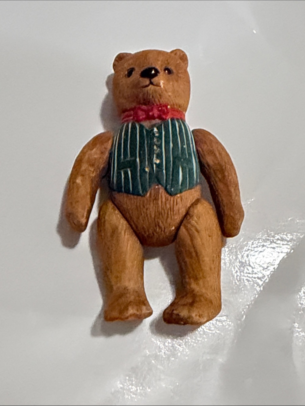Brown Bear Figurine Toy with Green Vest and Red Bow - Kids Toys